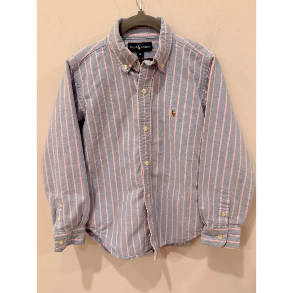 Ralph Lauren Boys Blue Pink Striped Oxford Button Down Shirt Size 6 Cotton